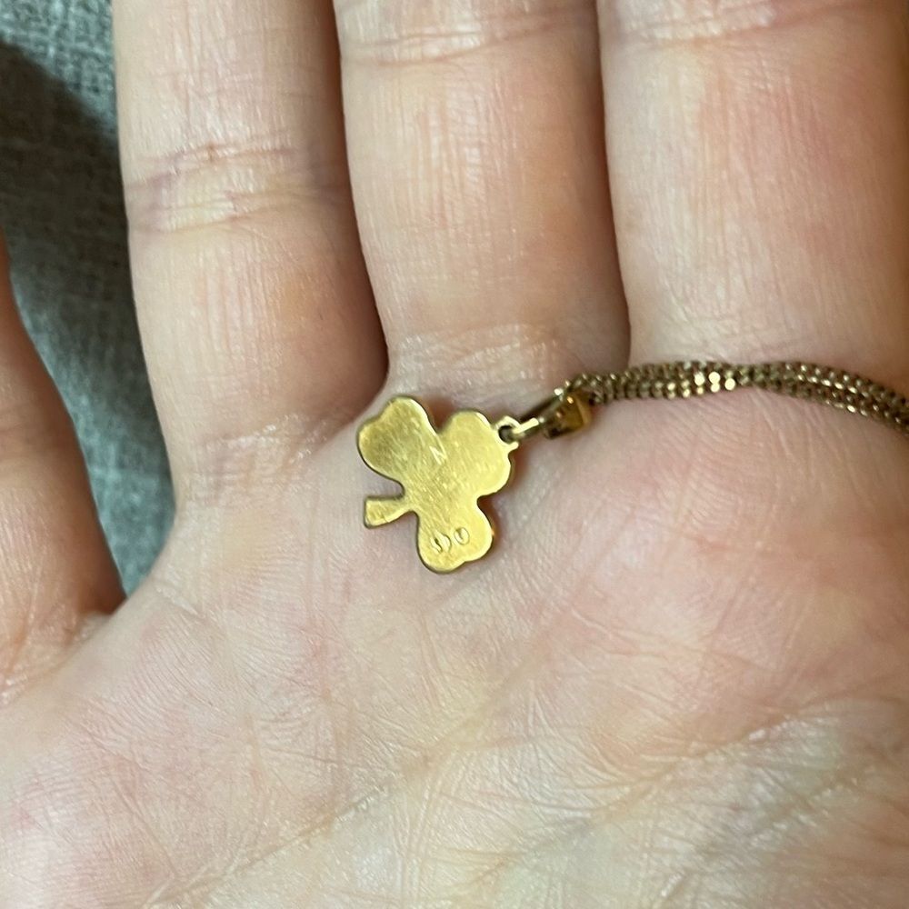 St Patty's Day Gold tone emerald green clover necklace inlay marked SD Germany - Picture 4 of 4